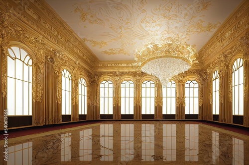 Fotobehang Palace interior 2d illustration background, castle hall, classic ballroom illustration, arch window, marble column