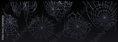 Set of tangled spiderweb hanging isolated on black background. Collection of spooky cobweb for creative Halloween design. Vector illustration of scary haunted house decorations for horror party
