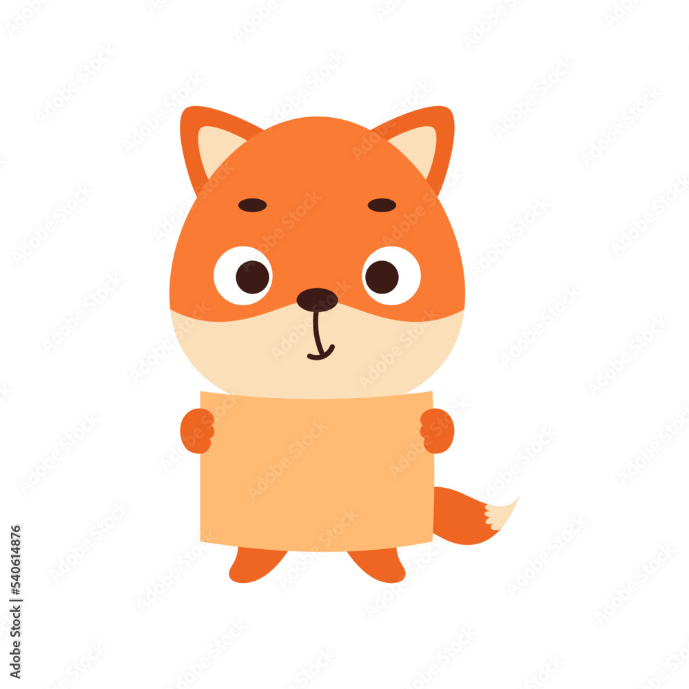 Cute little fox keeps paper sheet on white background. Cartoon animal character for kids t-shirt, nursery decoration, baby shower, greeting card, house interior. Vector stock illustration Cute little fox keeps paper sheet on white background. Cartoon animal character for kids t-shirt, nursery decoration, baby shower, greeting card, house interior. Vector stock illustration