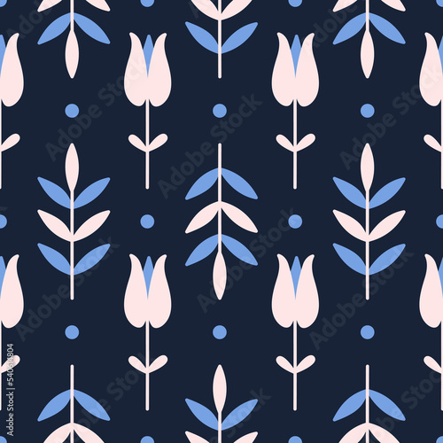 Vintage floral seamless pattern. Vector flat illustration with retro flowers and leaves isolated on a dark background. Symmetric motif for design of fabric, paper, and other surfaces