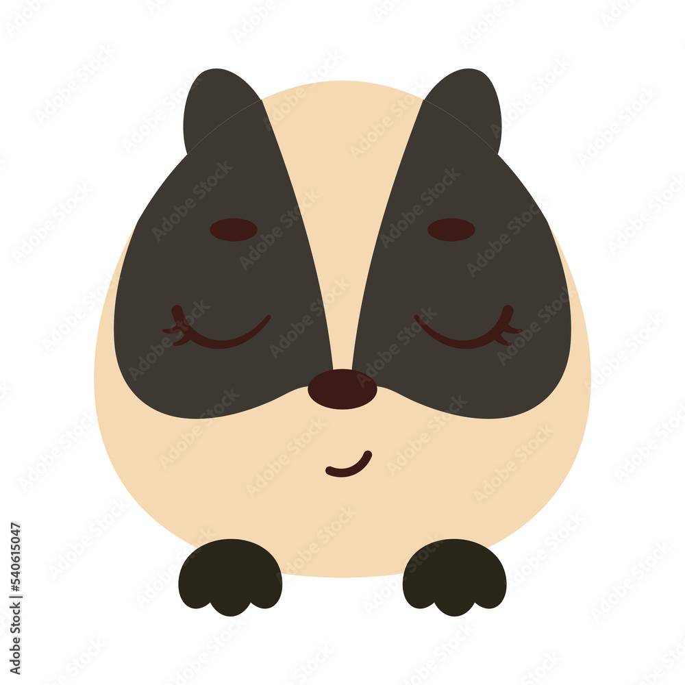 Fototapeta premium Cute little badger head with closed eyes. Cartoon animal character for kids t-shirts, nursery decoration, baby shower, greeting card, invitation, house interior. Vector stock illustration