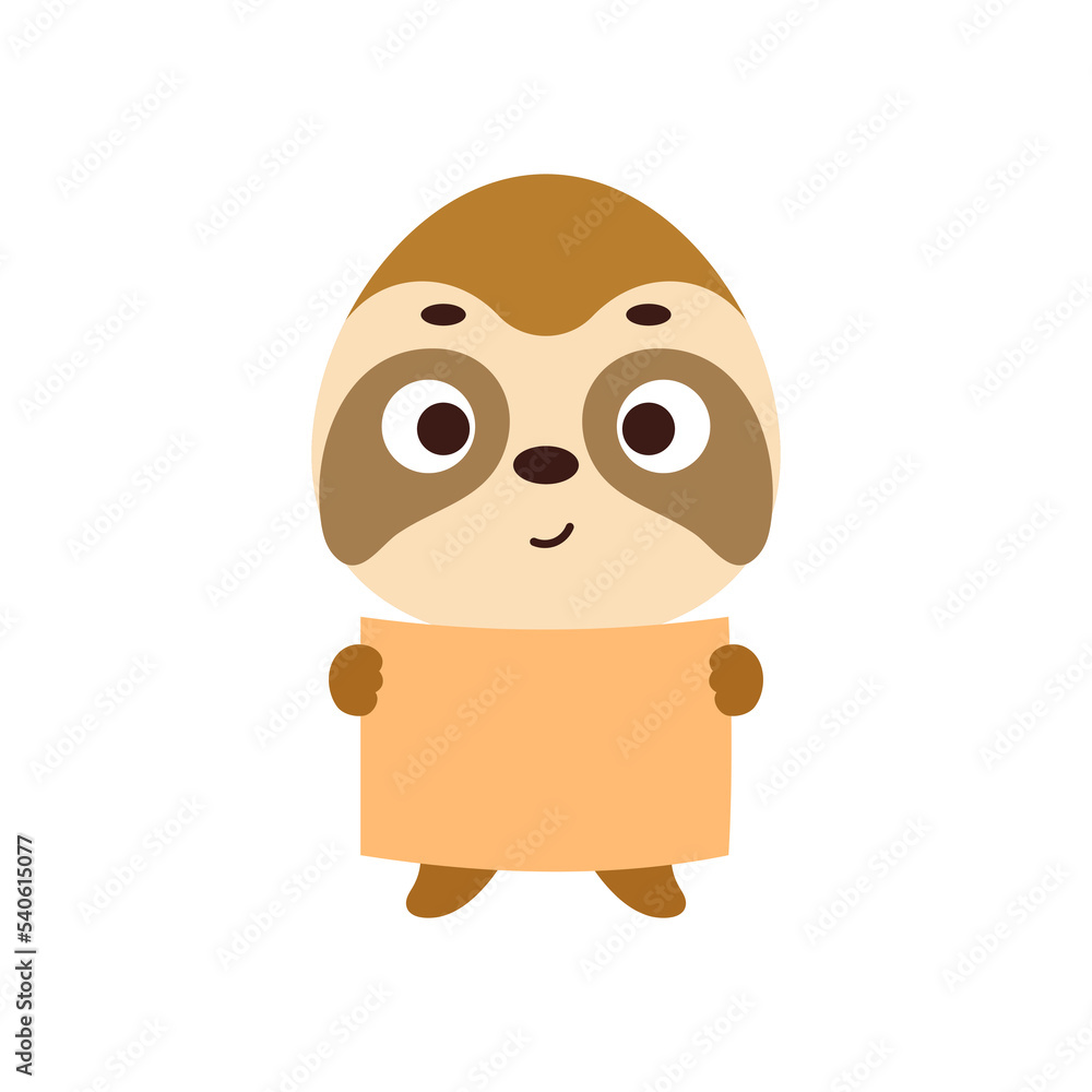 Cute little sloth holding paper sheet on white background. Cartoon animal character for kids t-shirt, nursery decoration, baby shower, greeting card, house interior. Vector stock illustration Cute little sloth holding paper sheet on white background. Cartoon animal character for kids t-shirt, nursery decoration, baby shower, greeting card, house interior. Vector stock illustration