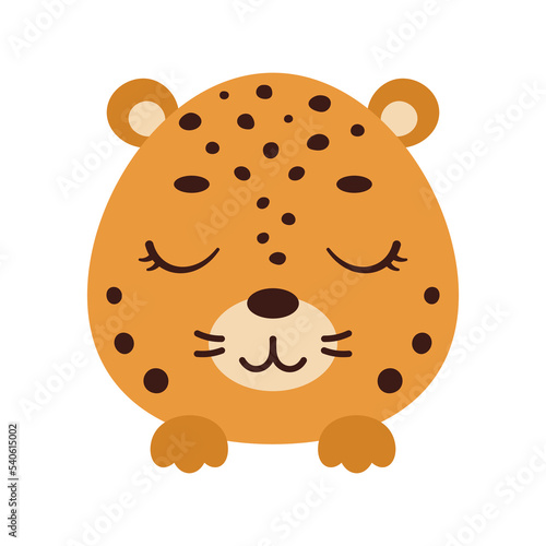 Cute little jaguar head with closed eyes. Cartoon animal character for kids t-shirts, nursery decoration, baby shower, greeting card, invitation, house interior. Vector stock illustration