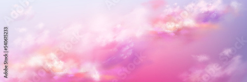 Fantastic pink and lilac peaceful sky background with soft cloud texture. Realistic vector illustration of pastel heaven or paradise background. Amazing sunrise natural cloudscape. Religion and hope
