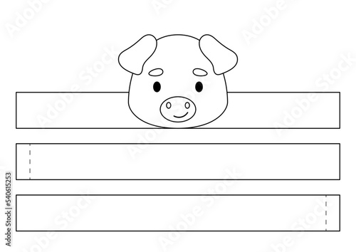 Printable pig paper crown. Diy cut party ribbon template for birthday, Christmas, baby shower. Fun accessory for entertainment. Print, color, cut and glue. Vector stock illustration