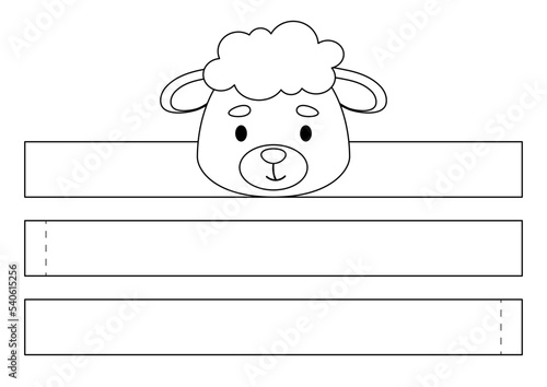 Printable sheep paper crown. Diy cut party ribbon template for birthday, Christmas, baby shower. Fun accessory for entertainment. Print, color, cut and glue. Vector stock illustration