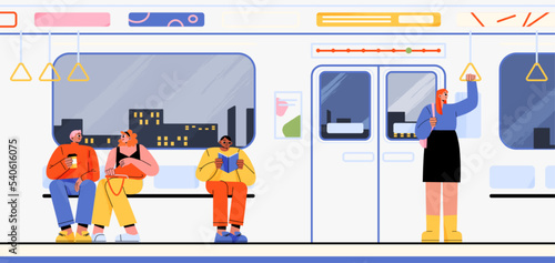 Happy people in subway, flat vector illustration. Commuting passengers sitting and talking, reading book, standing in urban metro train. Night city view in window. Public transportation services