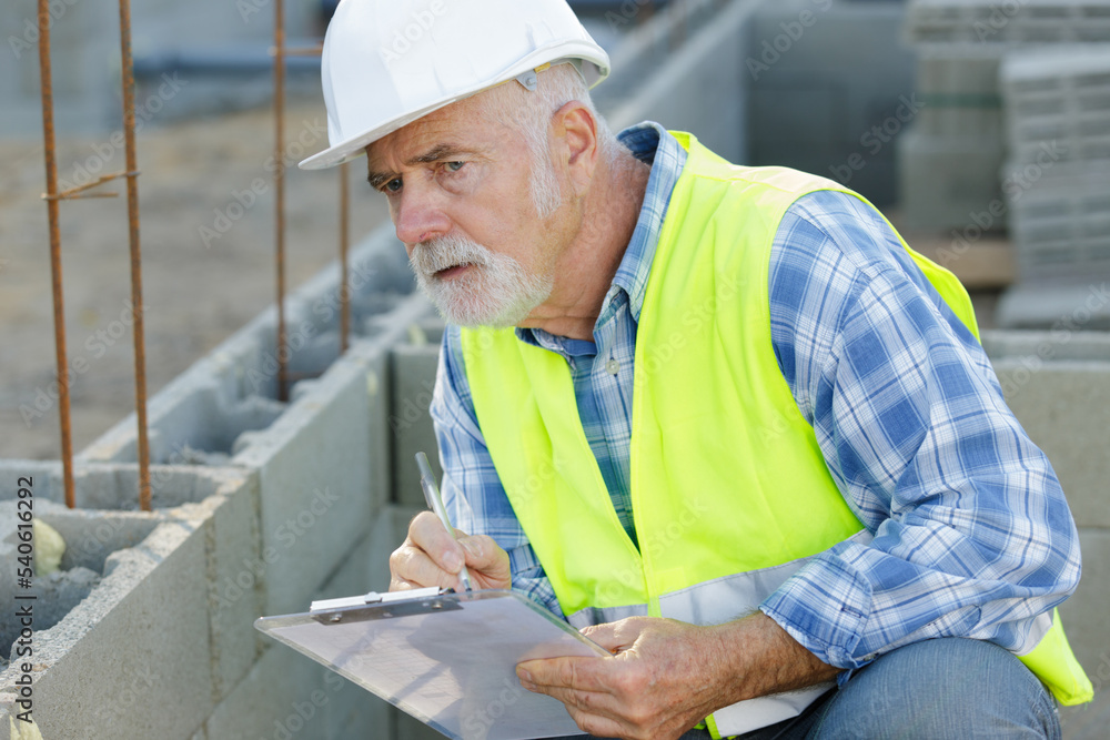 senior worker in a protective helmet checking clipboard outdoors senior worker in a protective helmet checking clipboard outdoors
