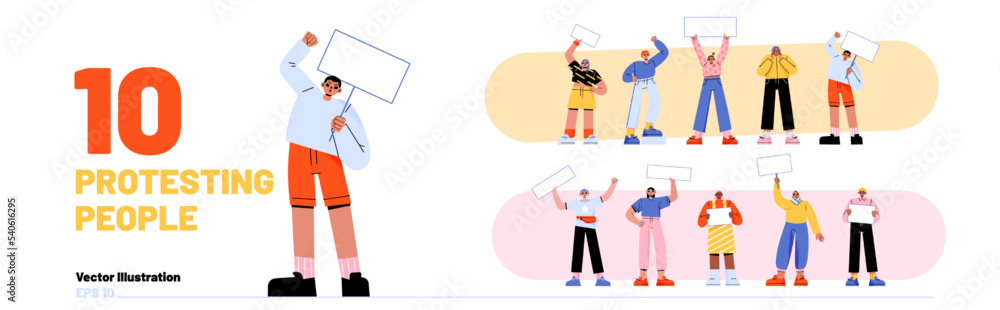 Set of angry people protesting with blank banner templates isolated on white. Male and female activists rallying with posters, chanting on strike. Human rights protection. Flat vector illustration Set of angry people protesting with blank banner templates isolated on white. Male and female activists rallying with posters, chanting on strike. Human rights protection. Flat vector illustration