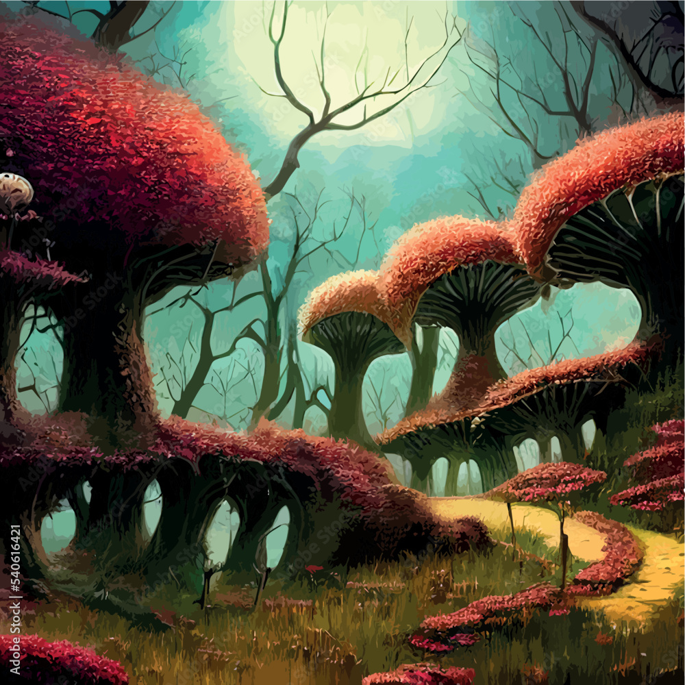 surreal mushroom landscape, fantasy wonderland landscape with mushrooms ...