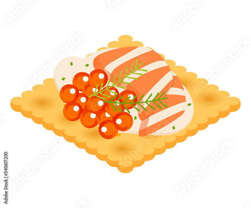 イクラとサーモンが乗ったクラッカー、カナッペのベクターイラスト。