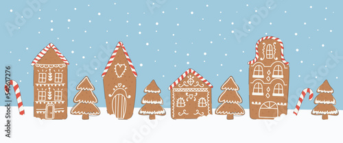 Christmas village of gingerbread houses and christmas trees in hand drawn style.New year and christmas concept for cards and banners