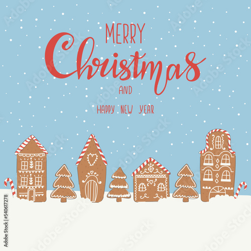 Christmas card village of gingerbread houses, christmas trees in hand drawn style and lettering.Festive concept suitable for social media post, mobile apps