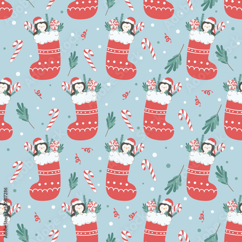 Christmas pattern with cute animals and seasonal elements. Festive background with Christmas sock and penguin