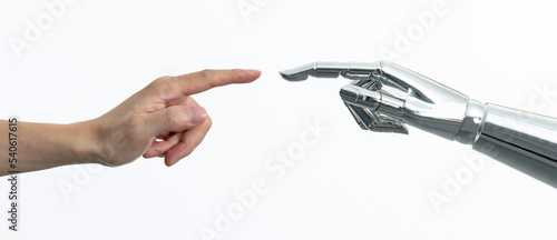 Fototapeta Naklejka Na Ścianę i Meble -  Human hand touching robot finger