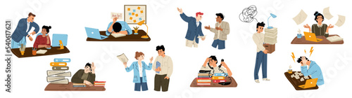Burnout, deadline, mental pressure at work concept. Tired, exhausted and busy employees in office. Boss scold workers, fired man, diverse overloaded people in stress, vector hand drawn illustration