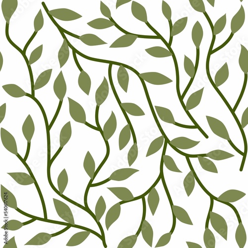 Green leaves seamless pattern. Brunches and leaves on white background.Abstract foliage pattern.