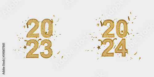 Happy New Year. Celebrate party, 2023, 2024, Merry Christmas, Golden Number, Web Poster, banner, cover card, layout design. 3D Rendering.