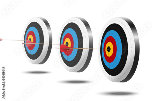 Red arrow hit to center of dartboard. Archery target and bullseye. Business success, investment goal, opportunity challenge, aim strategy, achievement focus concept. 3d realistic vector illustration