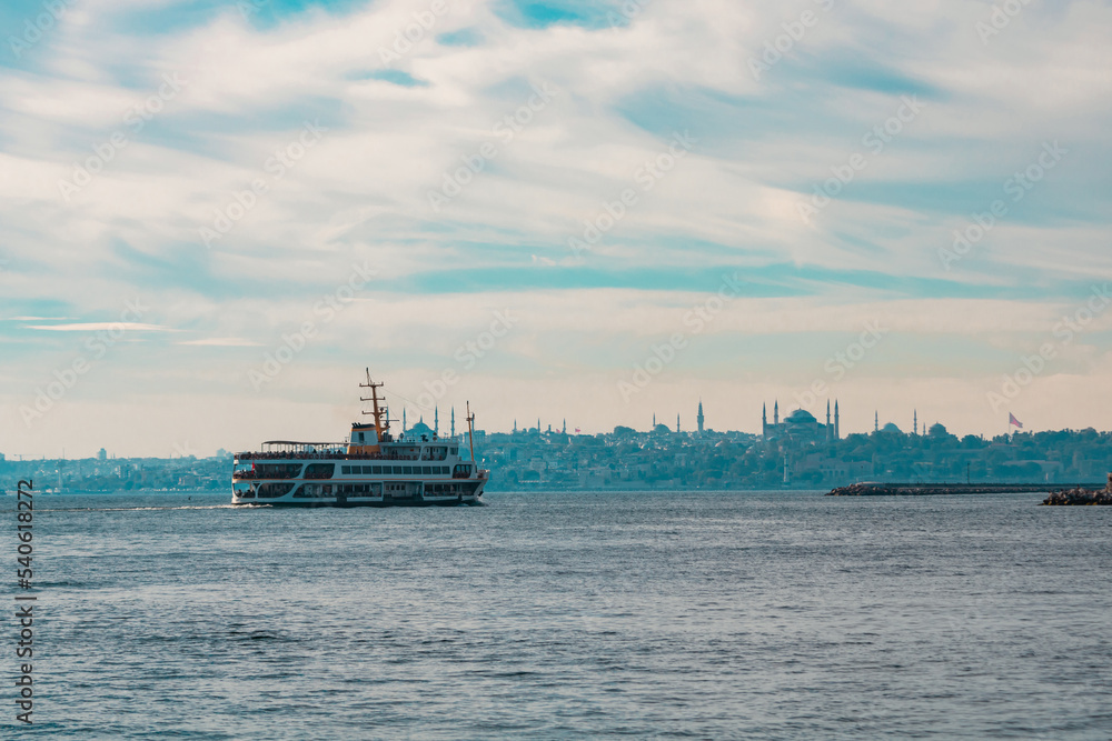 Travel to Istanbul background photo. Ferry and cityscape of Istanbul