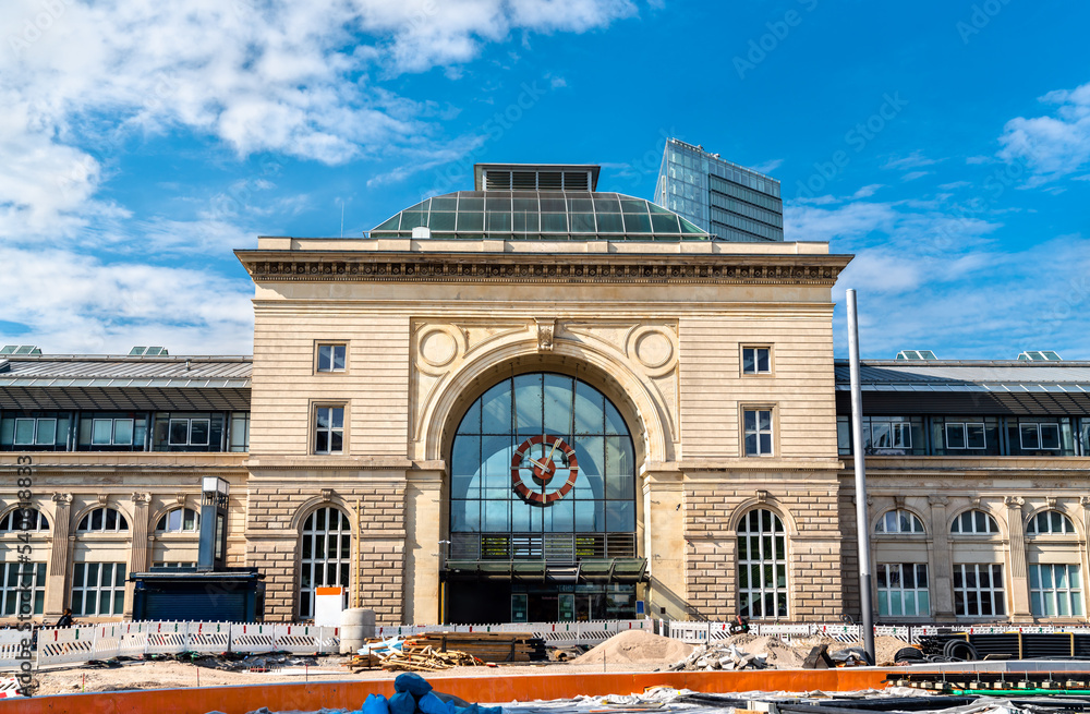 Mannheim Main Train Station with construction of a tram line in Germany