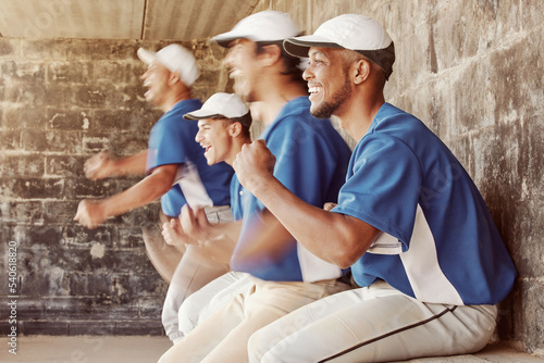 Photography Sports celebration, baseball winner and team celebrate game victory, competition win or point from dugout