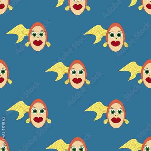 Seamless pattern with cartoon goldfish on blue background. Golden fishes background. Creative print for wallpaper children room and bed linen.