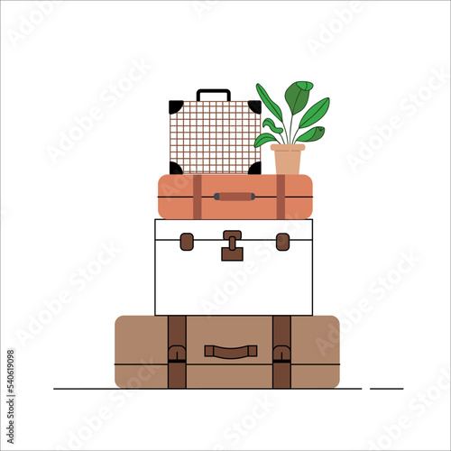 Big packed tightened baggage bags. Retro valise and trunks. For tourism, luggage, baggage, tour concept.Vector illustration in a cartoony style handdrawn on white background, icon, logo or clipart.
