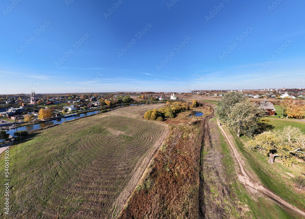 panoramic view from a drone of the old church and its surroundings on a gray autumn daydefault