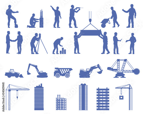 Builder worker silhouette isolated vector flat set