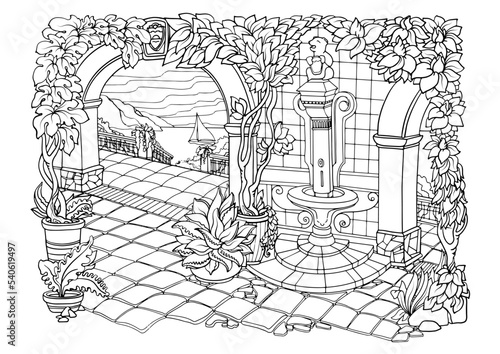 Romantic Secret Garden. Coloring Pages. Anti-stress colouring page. Vector.