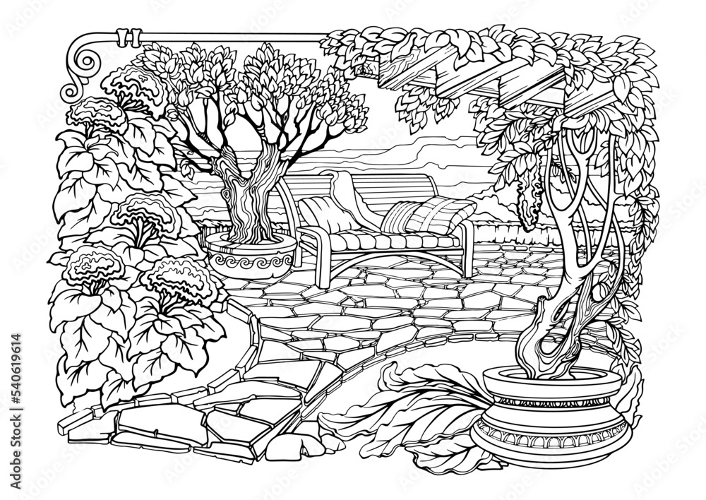 Fototapeta premium Romantic Secret Garden. Coloring Pages. Anti-stress colouring page. Vector.