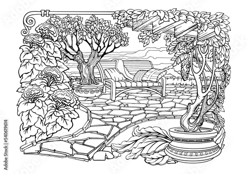 Romantic Secret Garden. Coloring Pages. Anti-stress colouring page. Vector.