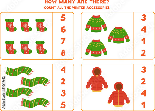 Counting game with cute winter accessories. Educational worksheet.