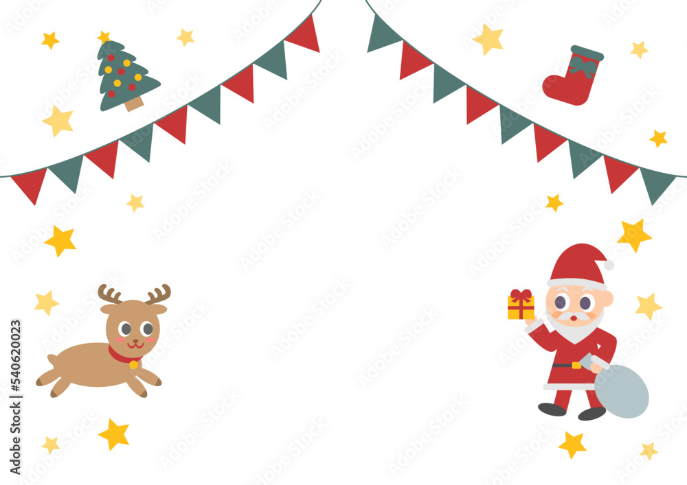 クリスマスのフレームイラスト: フラッグガーランドとサンタクロース クリスマスのフレームイラスト: フラッグガーランドとサンタクロース