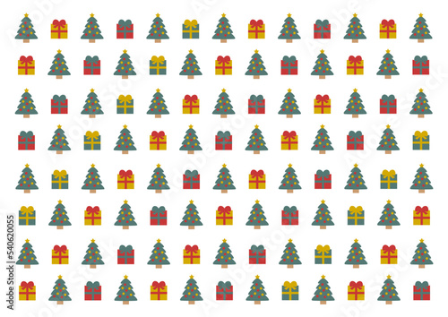 クリスマスの背景イラスト: クリスマスツリーとプレゼント模様