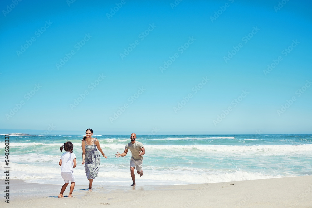 Beach, running and happy family with child with tropical sea, island holiday or travel vacation blue sky mock up advertising. Healthy, energy and bond of mother, father and girl kid on sand and ocean