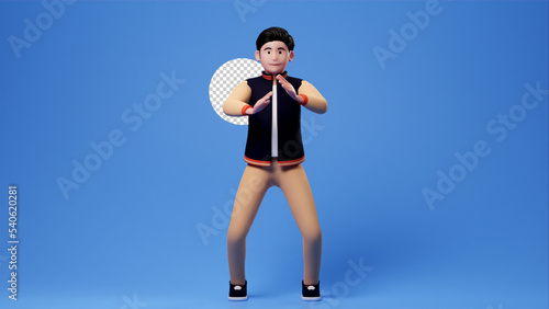 Casual man cartoon character self defense gesture, 3d render blue backdrop © Endru