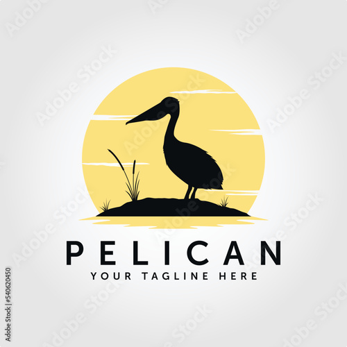 pelican bird logo vintage with sun background vector illustration design