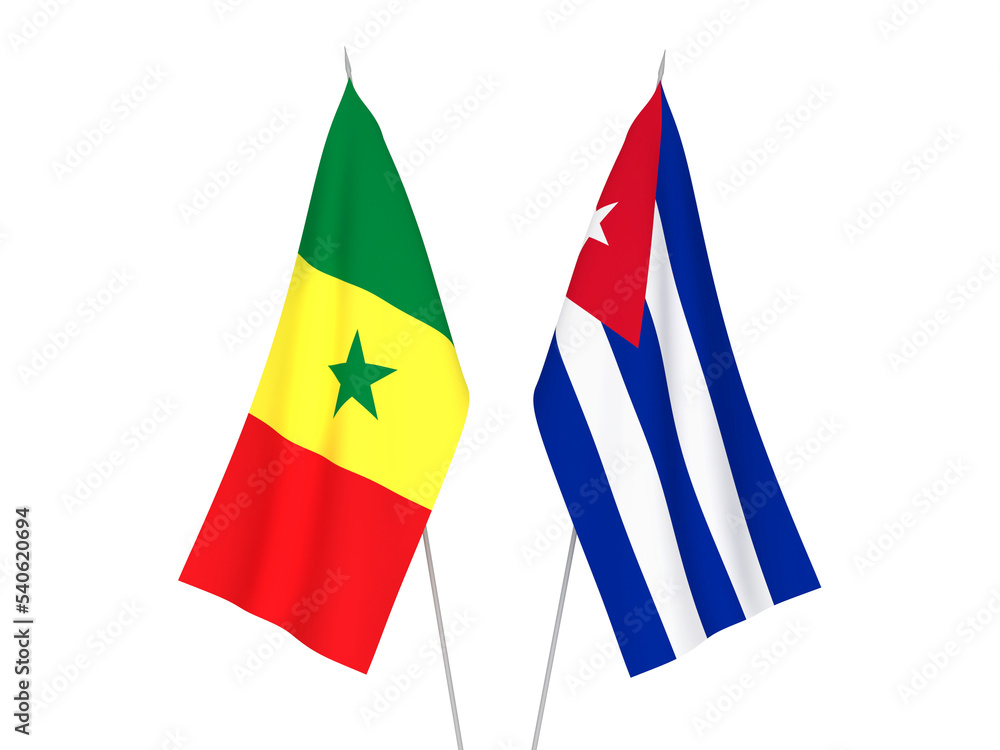 National fabric flags of Cuba and Republic of Senegal isolated on white background. 3d rendering illustration.