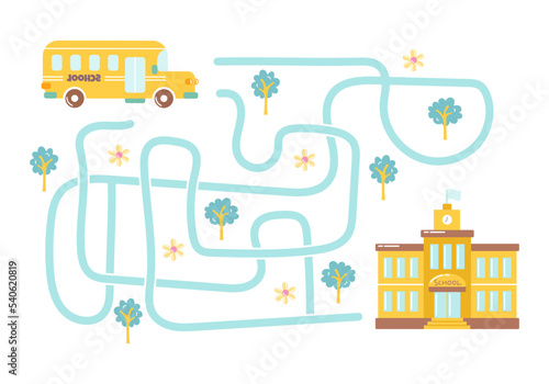 Fototapeta Naklejka Na Ścianę i Meble -  Labyrinth, help the bus find the right way to school. Logical quest for children. Cute illustration for children's books, educational game