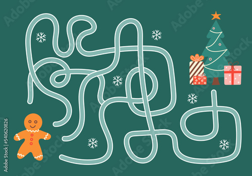 labyrinth, help the gingerbread man find the right way to the Christmas tree. Logical quest for children. Cute illustration for children's books, educational game
