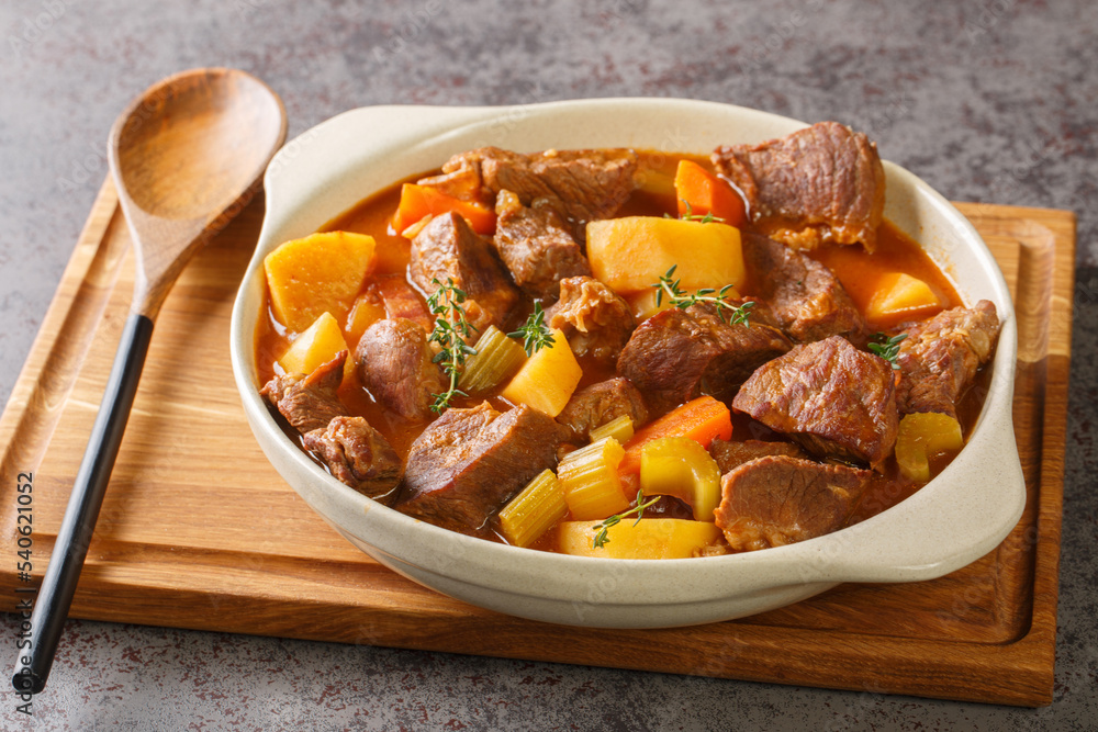 Hearty Irish inspired beef stew made with garlic, stock, Guinness, bacon, potatoes, carrots, and onions closeup in the pot on the table. Horizontal Hearty Irish inspired beef stew made with garlic, stock, Guinness, bacon, potatoes, carrots, and onions closeup in the pot on the table. Horizontal