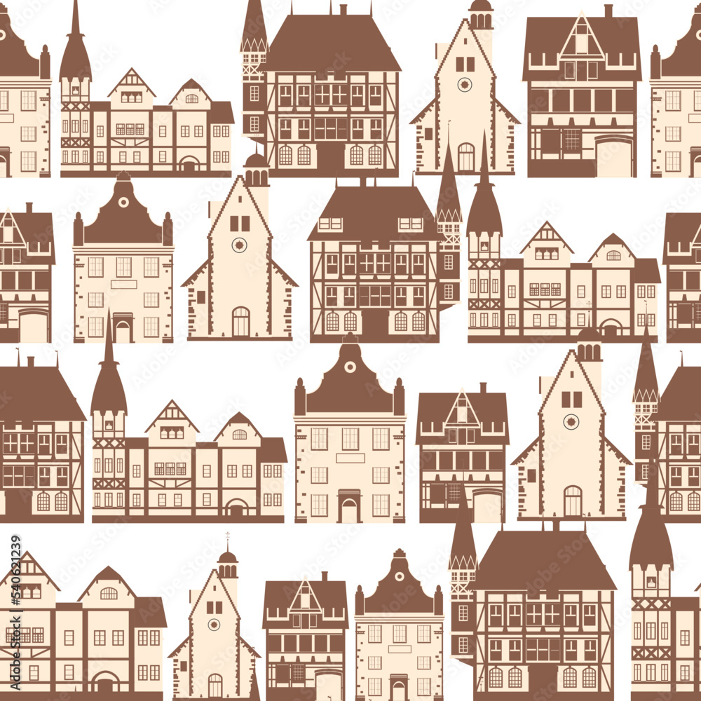 Medieaval Old city seamless pattern, flat style. Autumn landscape city architecture