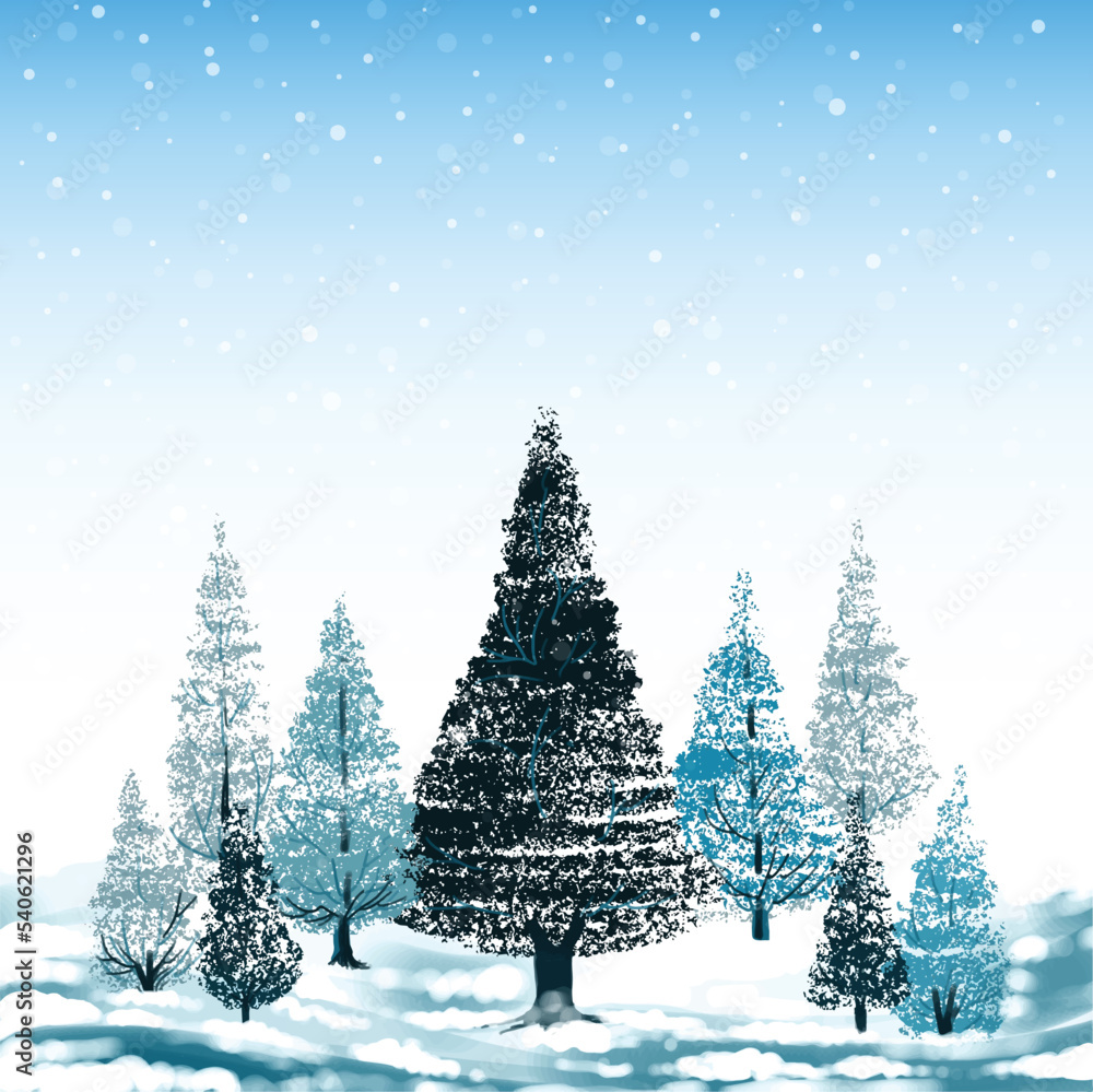 Merry christmas trees and happy new year winter card background