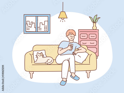自宅でくつろぐイラスト(休日、ゴロゴロ、インドア) An illustration to relax at home.Holiday, indoor.