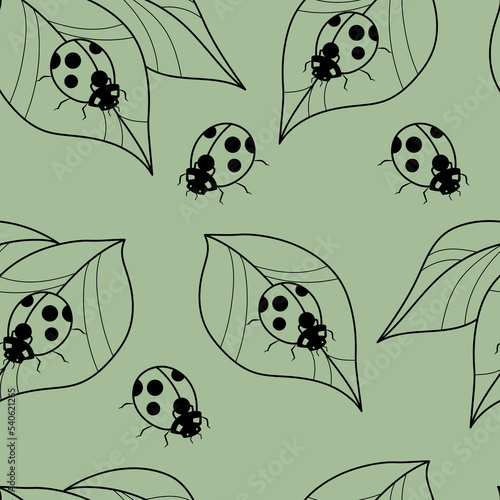 Green ladybug vector repeat pattern, seamless