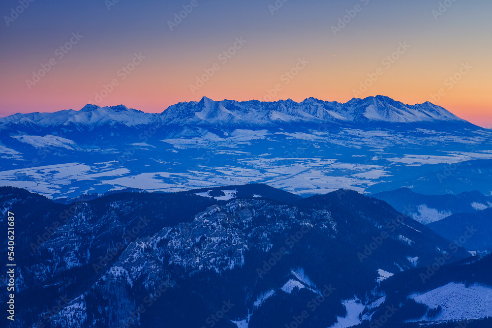 Sunrise on the ridge of the Low Tatras, Slovakia.
