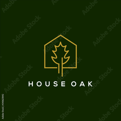 minimal line art house and oak logo vector