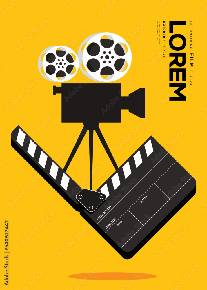 Movie and film poster design template background with film reel Stock